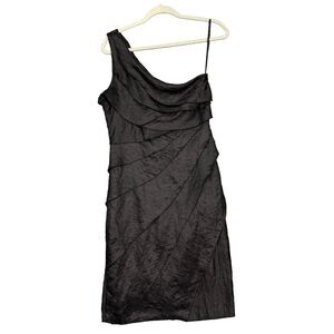 London Times‎ Dress Womens 14 Black One Shoulder Rayon Tiered Cocktail Grunge
